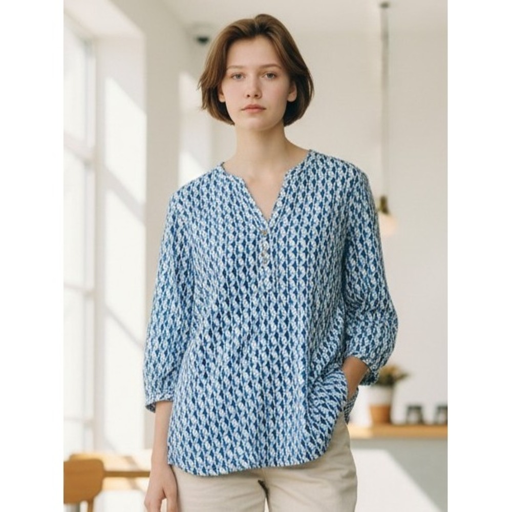 Talbots Womens M Blue Seahorse Print Cotton Tunic Top Split Neck‎ 3/4 Sleeve